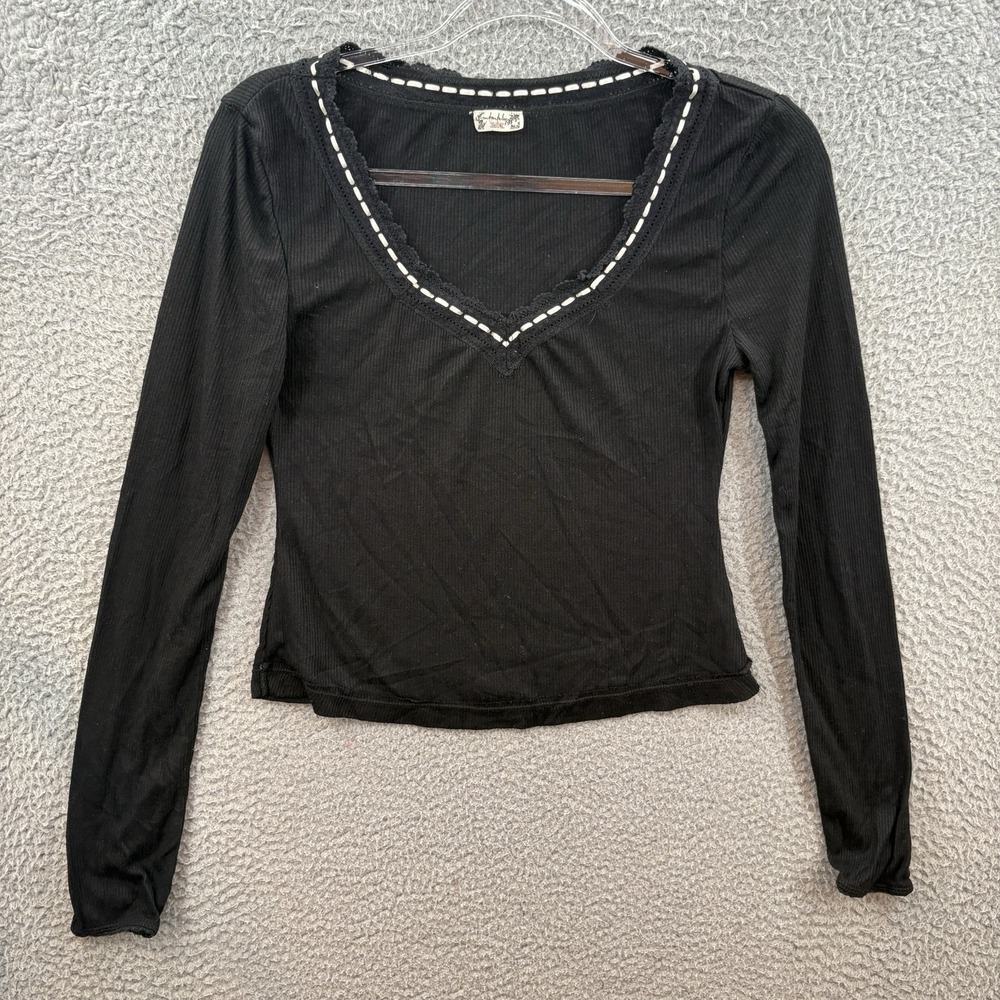 Intimately Free People Top Womens XS Black Long Sleeve Cropped V Neck Boho